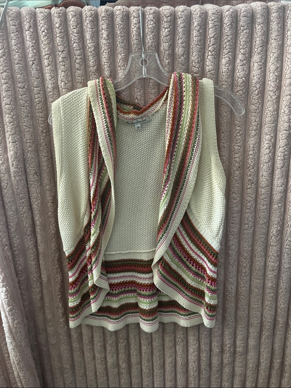 American Rag Cream Hooded Knit Vest with Pink, Green & Brown Stripes
